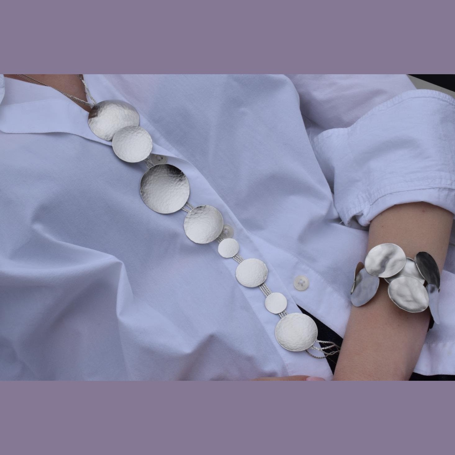 Rhea necklace – Greek hammered jewelry in 18K gold plated, 18K silver plated, and rose gold plated. Handcrafted necklace with hammered circular discs symbolizing the eternal cycle of life.