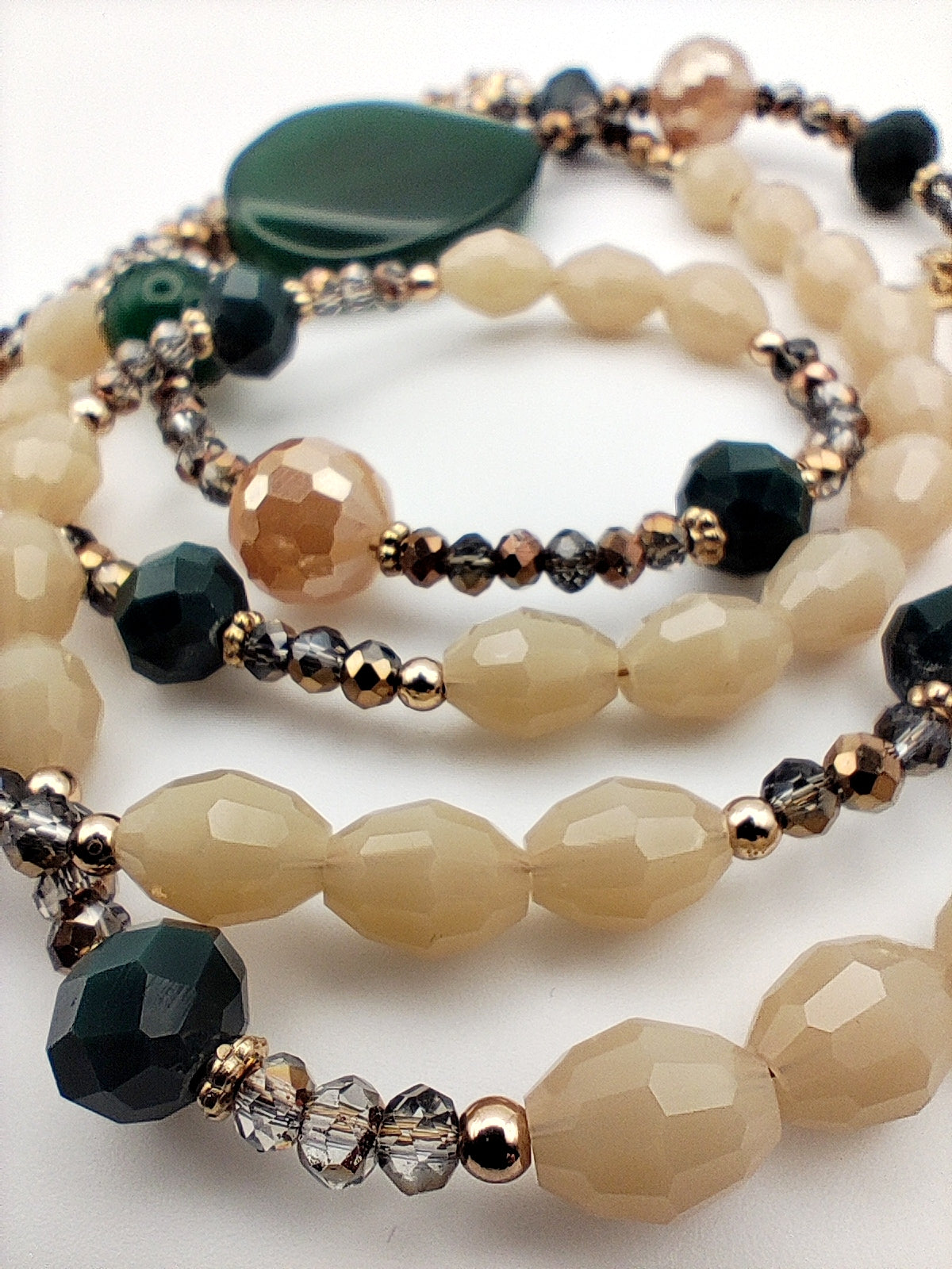 Long Green Aventurine, Caramel Crystal & Pyrite Necklace – Handmade & 18K Gold Plated