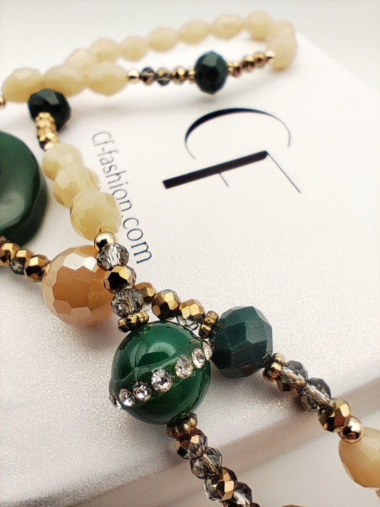 Long Green Aventurine, Caramel Crystal & Pyrite Necklace – Handmade & 18K Gold Plated