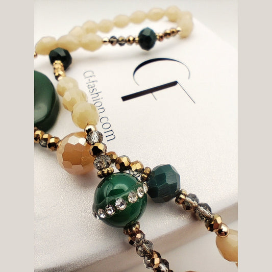 Long Green Aventurine, Caramel Crystal & Pyrite Necklace – Handmade & 18K Gold Plated