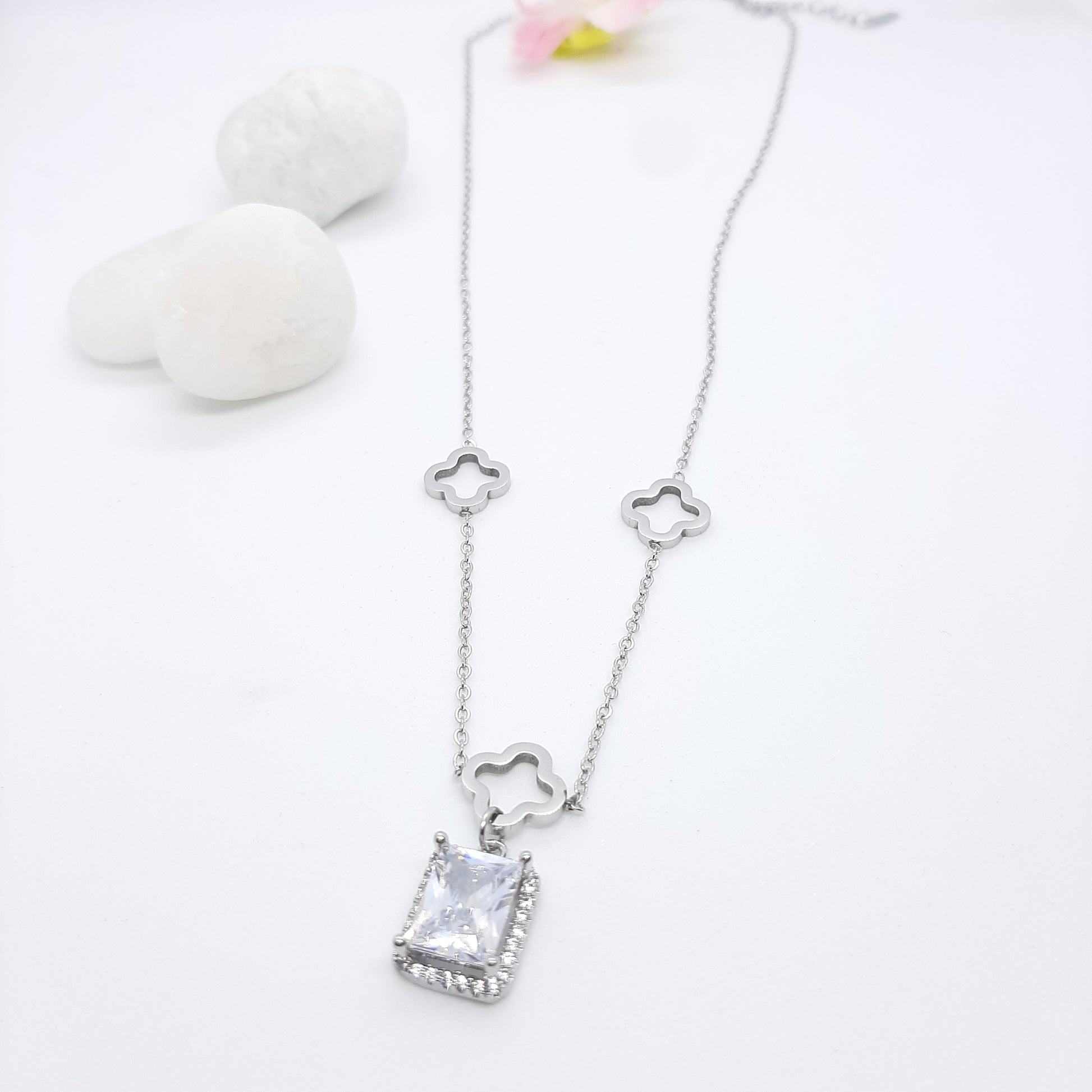 Stainless Steel Necklace with White Crystals