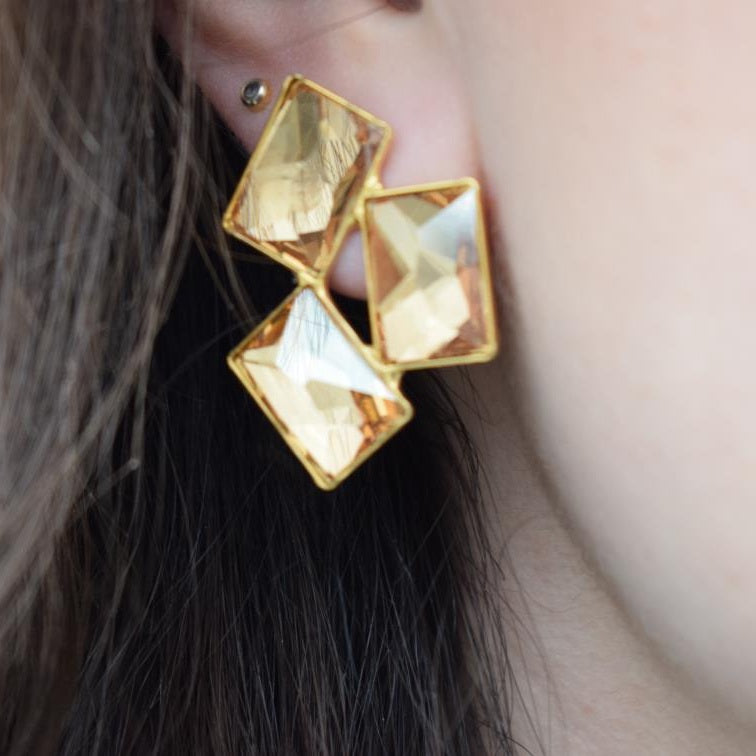 Crete Earrings with Crystal – Greek hammered jewelry in 18K gold plated, 18K silver plated, and rose gold plated. Handcrafted earrings with bold geometric faceted crystal design inspired by Minoan Crete.