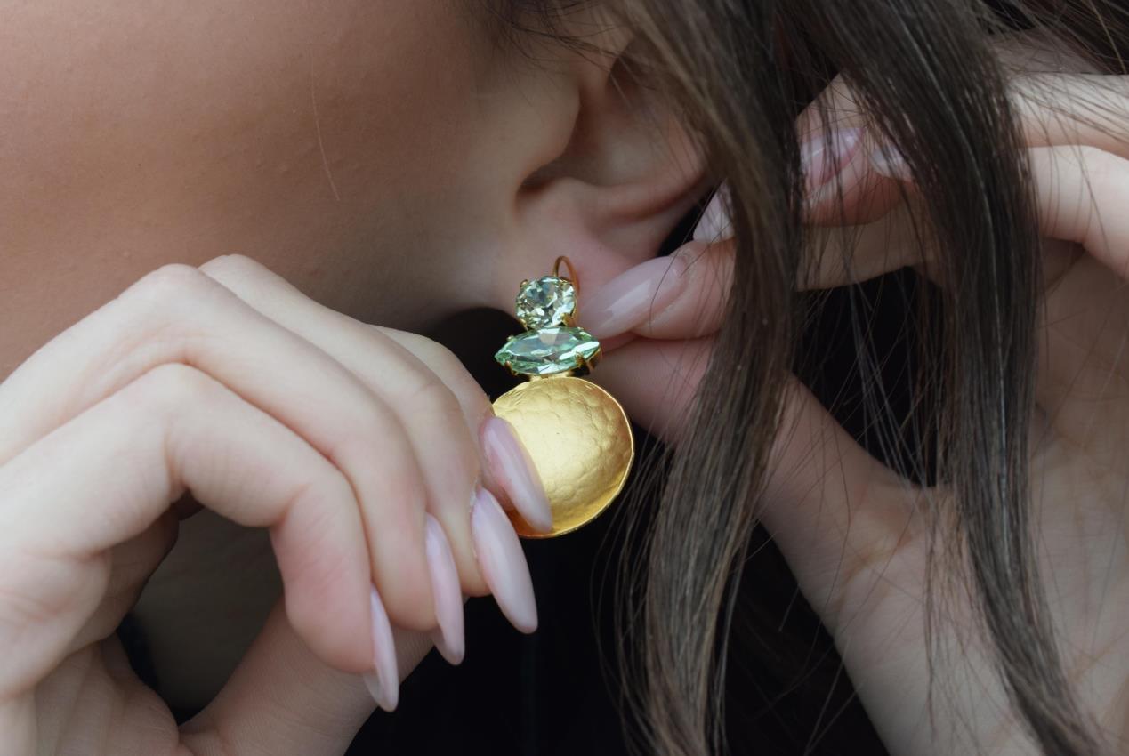 Santorini earrings with crystal – Greek hammered jewelry in 18K gold plated, 18K silver plated, and rose gold plated. Handcrafted earrings with hammered discs and sparkling crystals inspired by the island of Santorini.