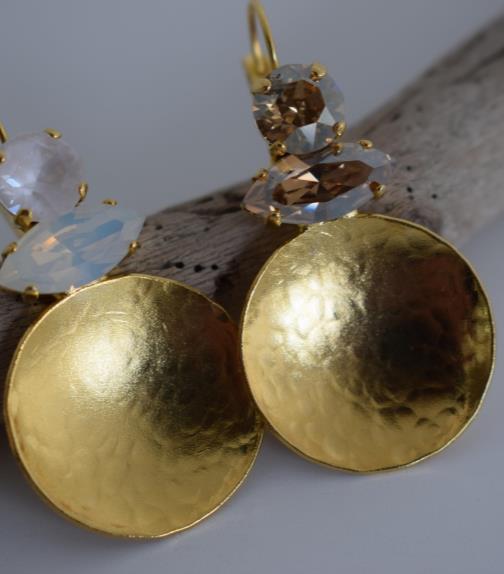 Santorini earrings with crystal – Greek hammered jewelry in 18K gold plated, 18K silver plated, and rose gold plated. Handcrafted earrings with hammered discs and sparkling crystals inspired by the island of Santorini.