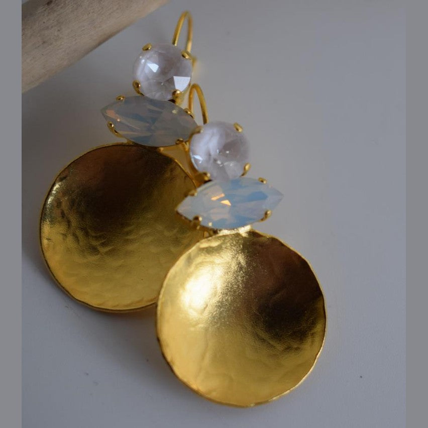 Santorini Earrings With Crystal – Handmade Greek Hammered Jewelry – 18K Gold or Silver Plated - N2108 - CF fashion