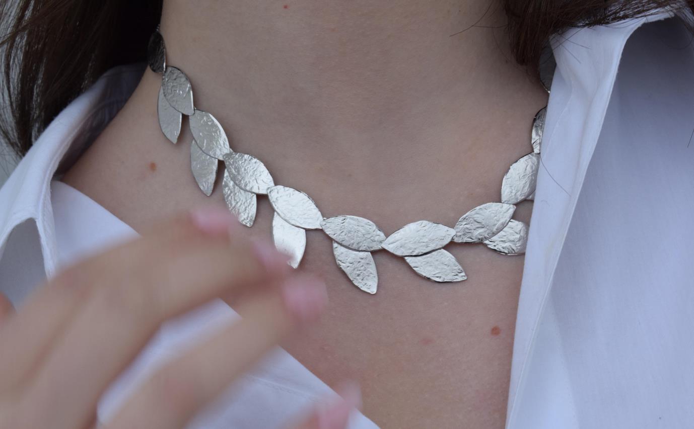 Daphne necklace Greek hammered jewelry 18K gold or silver plated leaf design
