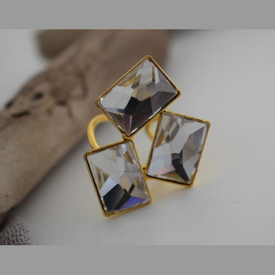 Crete Ring with Crystal – Greek hammered jewelry in 18K gold plated, 18K silver plated, and rose gold plated. Handcrafted adjustable ring with bold faceted crystal design inspired by Minoan Crete.