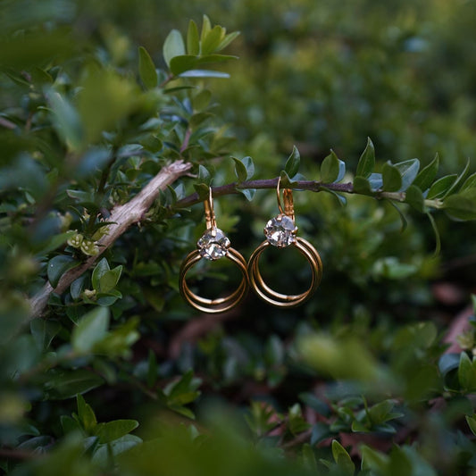 Gold double hoop earrings with Swarovski crystal, Greek hammered jewelry, available in gold, silver, and rose gold