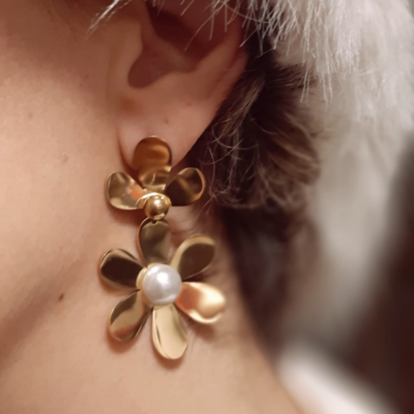 Gold Flower Pearl Stainless Steel Stud Earrings