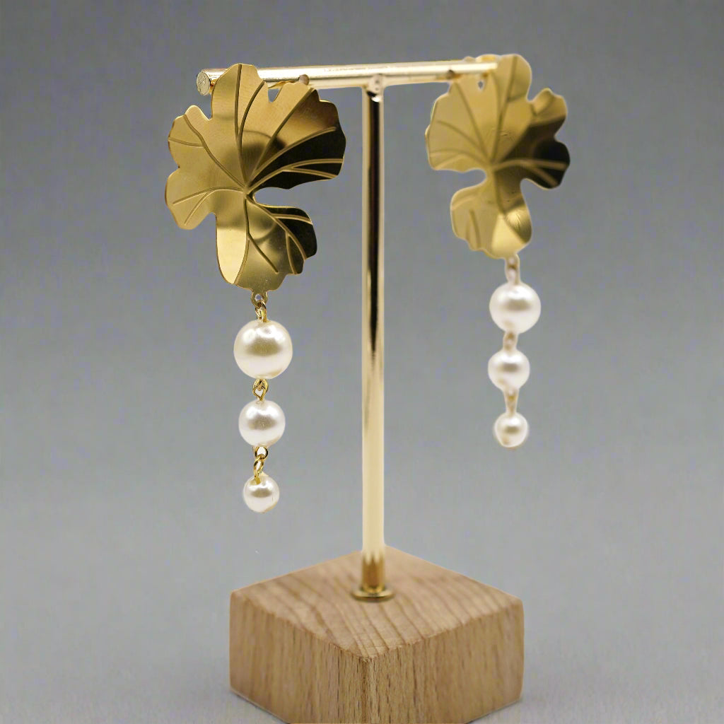 Geranium Leaf Pearl Drop Earrings – Nature-Inspired Stainless Steel, Hypoallergenic
