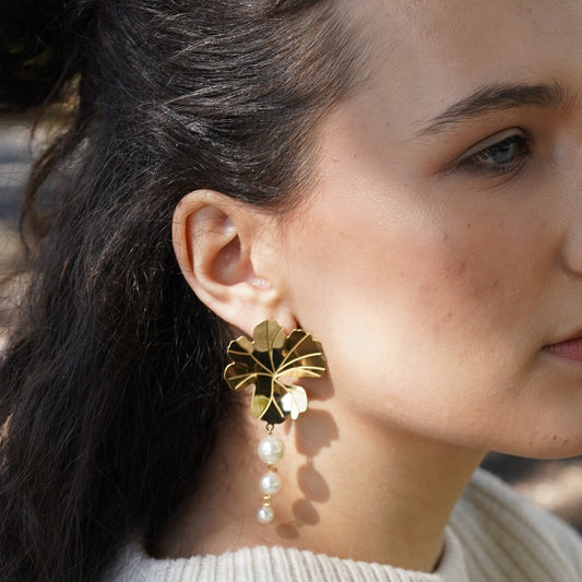 Geranium Leaf Pearl Drop Earrings – Nature-Inspired Stainless Steel, Hypoallergenic