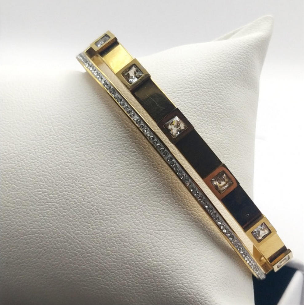 Double Stainless Steel Cuff Bracelet with Square Crystals and Rhinestones