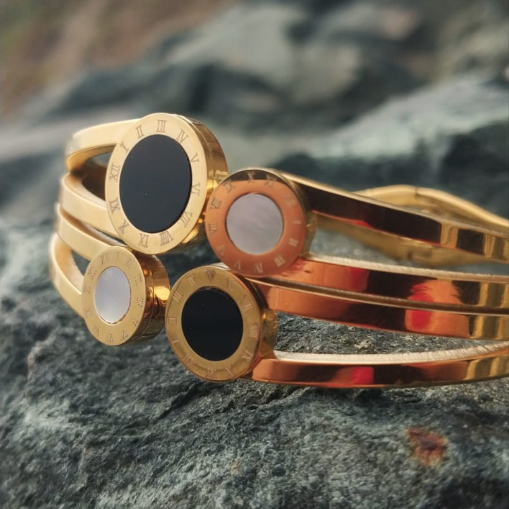 Wide Open Stainless Steel Cuff Bracelet with Mother of Pearl, Crystals & Roman Numerals