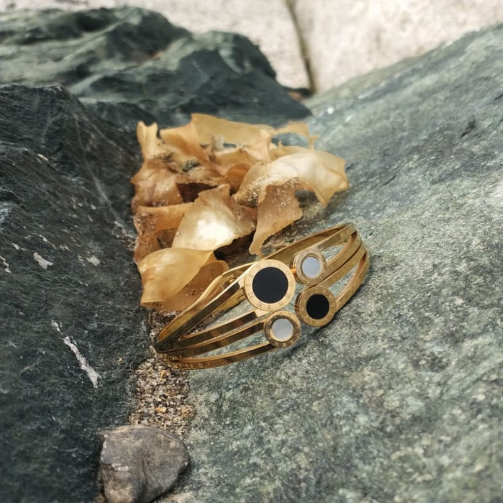 Wide Open Stainless Steel Cuff Bracelet with Mother of Pearl, Crystals & Roman Numerals