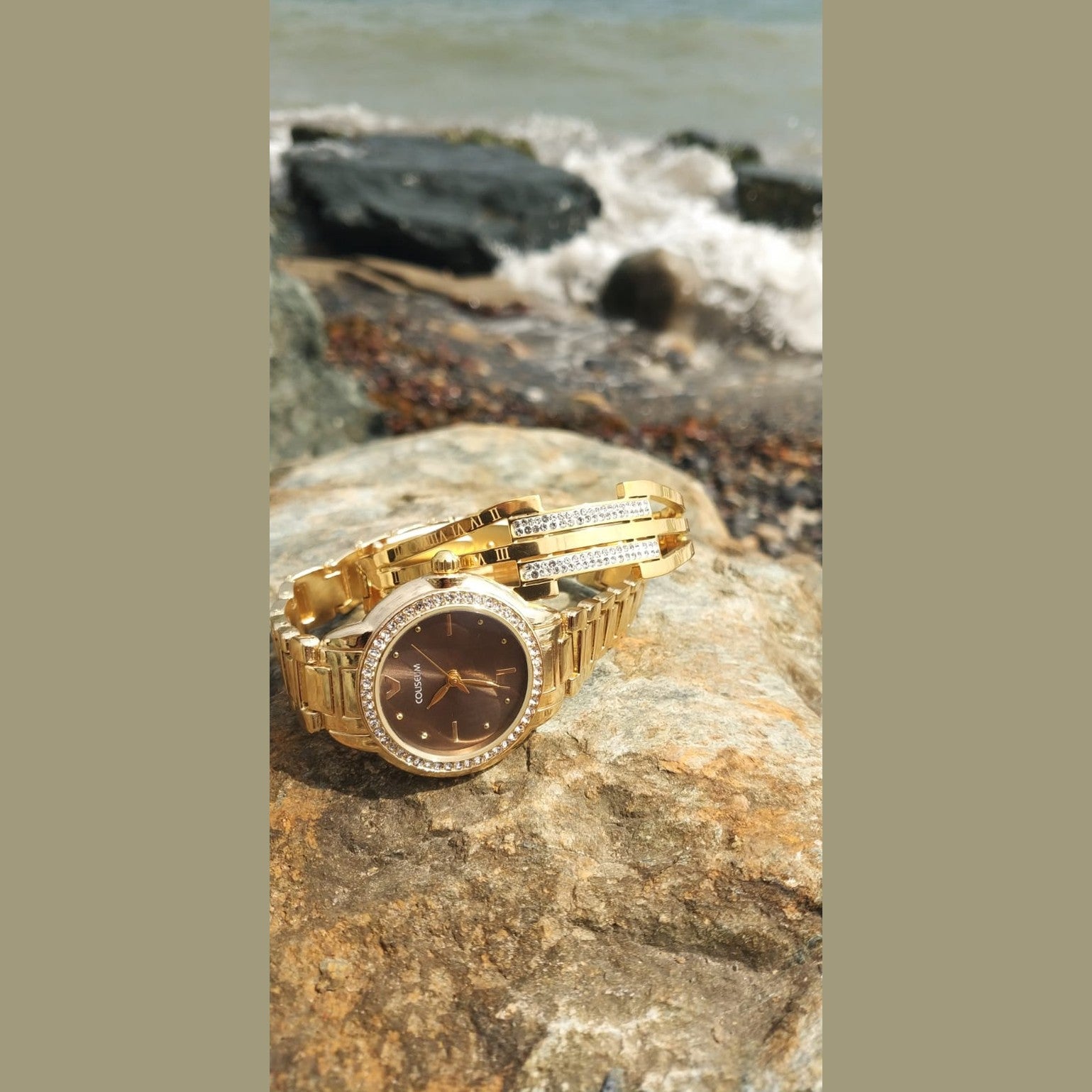 Women’s rose gold stainless steel watch with black dial and crystal bezel – elegant fashion accessory