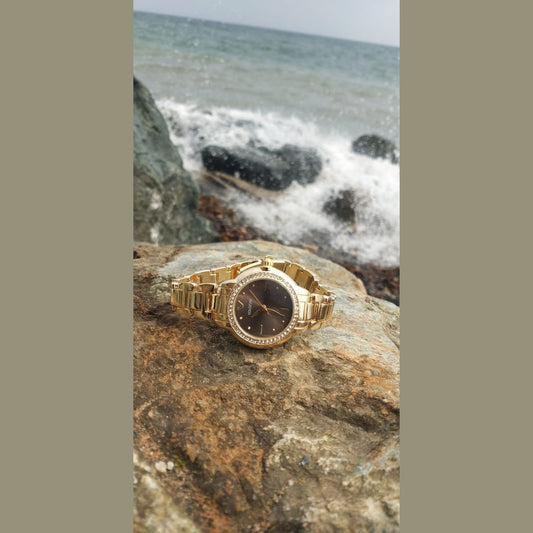 Women’s rose gold stainless steel watch with black dial and crystal bezel – elegant fashion accessory