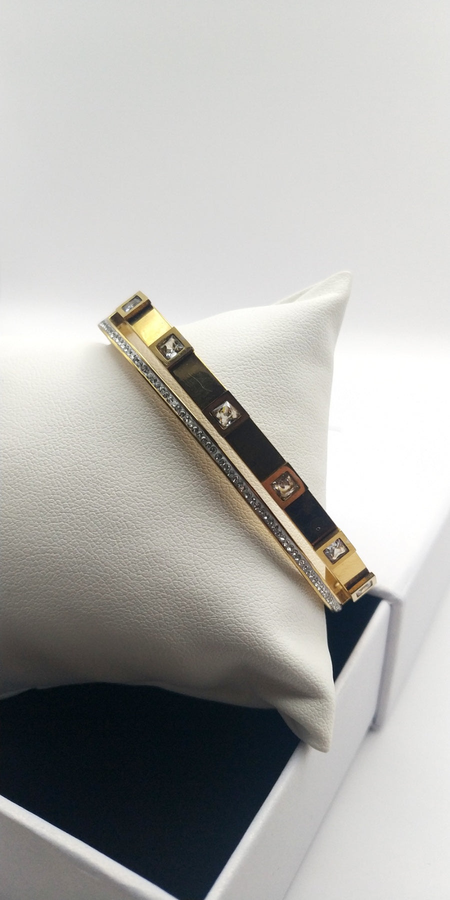 Double Stainless Steel Cuff Bracelet with Square Crystals and Rhinestones