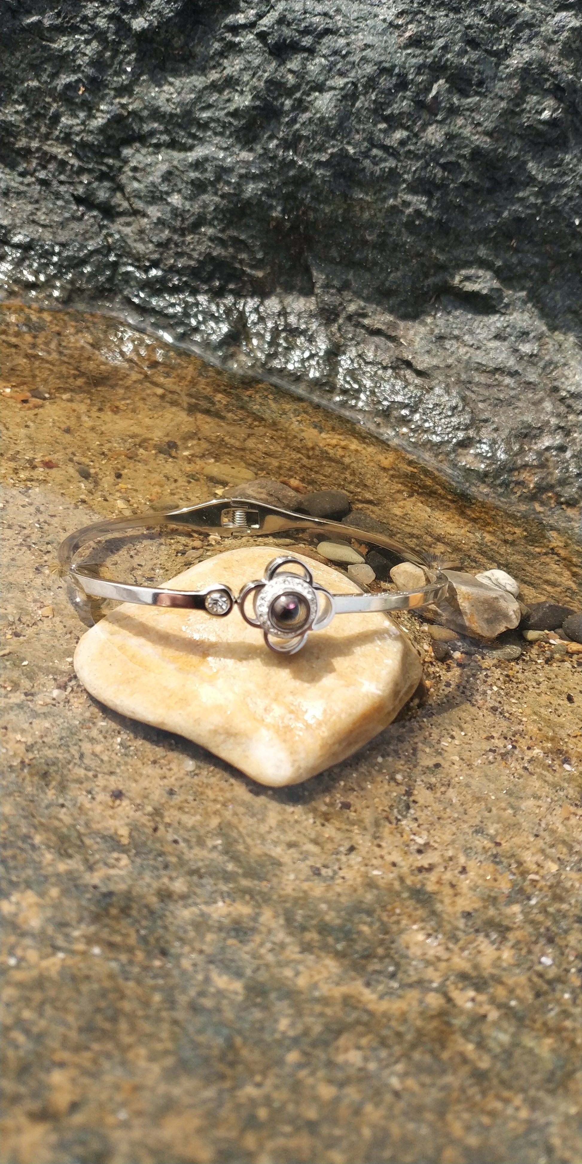 Stainless Steel Flower Bracelet with Solitaire Center Stone