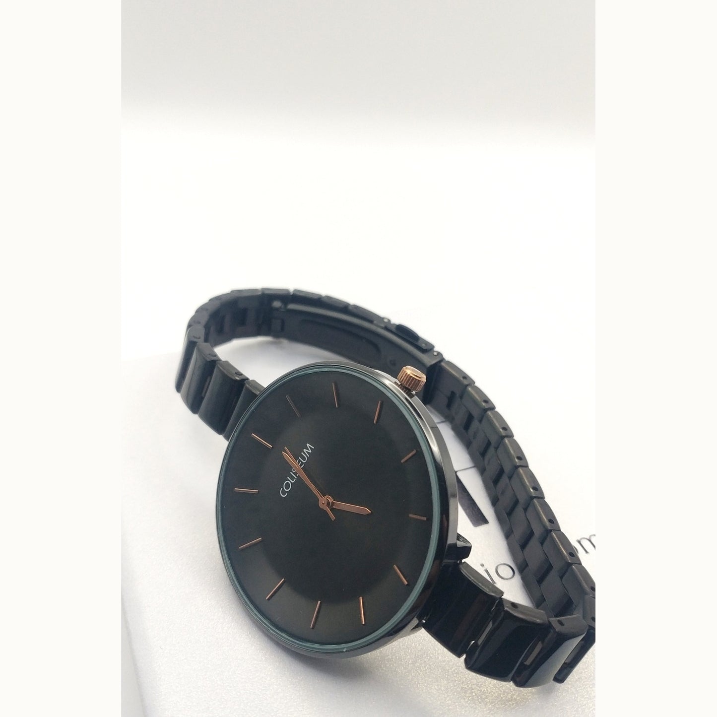 Women’s elegant black stainless steel watch with rose gold dial accents – fashion wristwatch