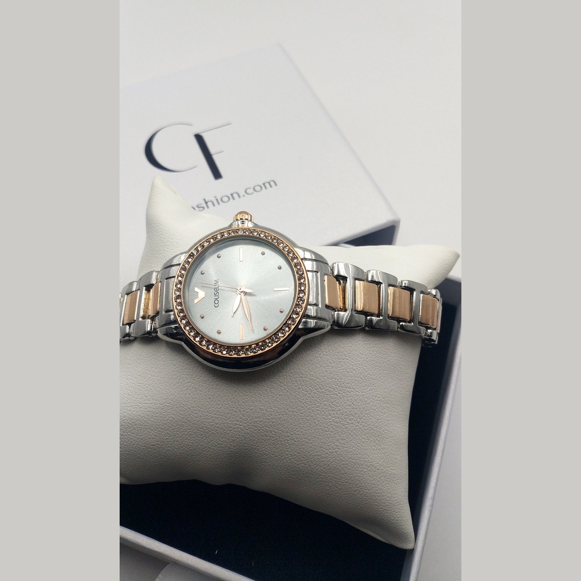 Women’s two-tone stainless steel watch with silver dial and crystal bezel – elegant gift watch
