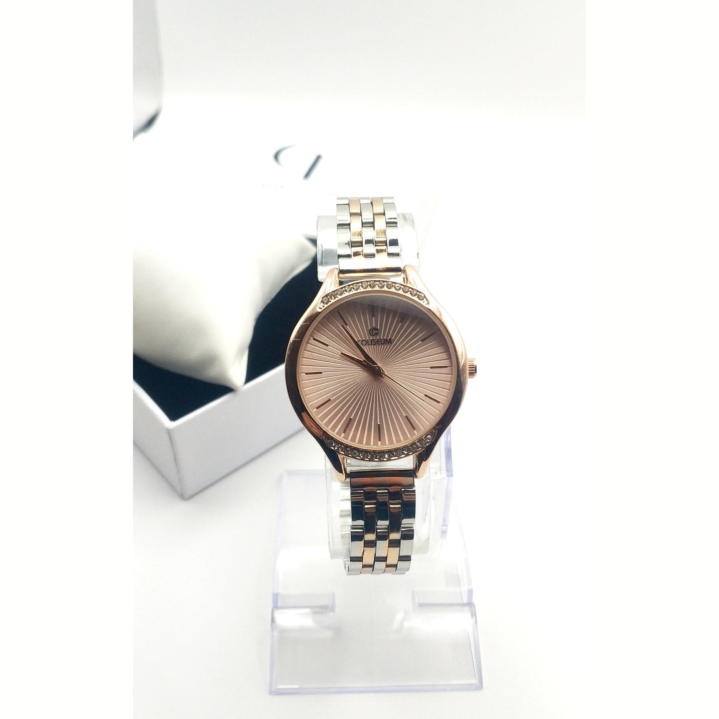 Women’s two-tone stainless steel watch in silver and rose gold with white dial and crystal bezel