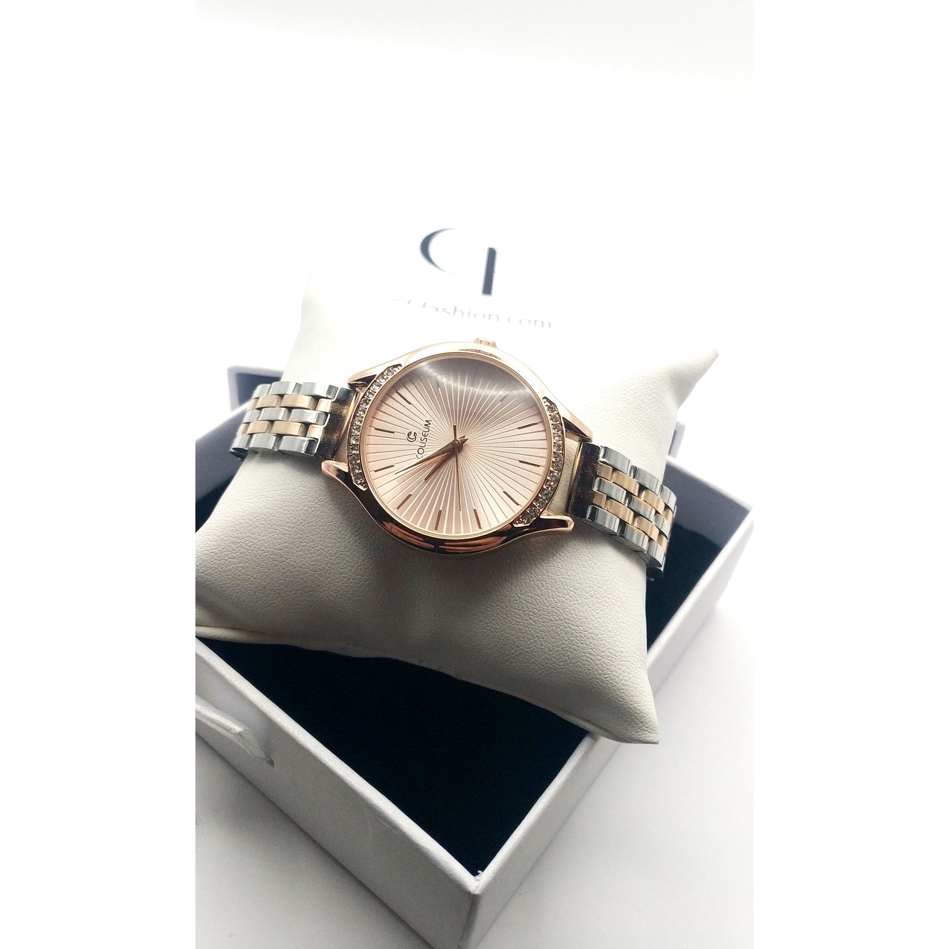 Women’s two-tone stainless steel watch in silver and rose gold with white dial and crystal bezel