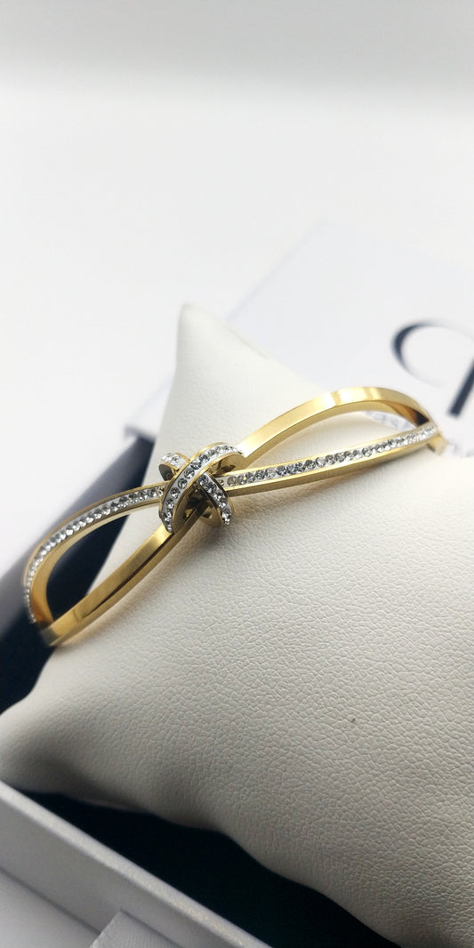 Gold Stainless Steel Double-Strand Bracelet with Center Stone Detail