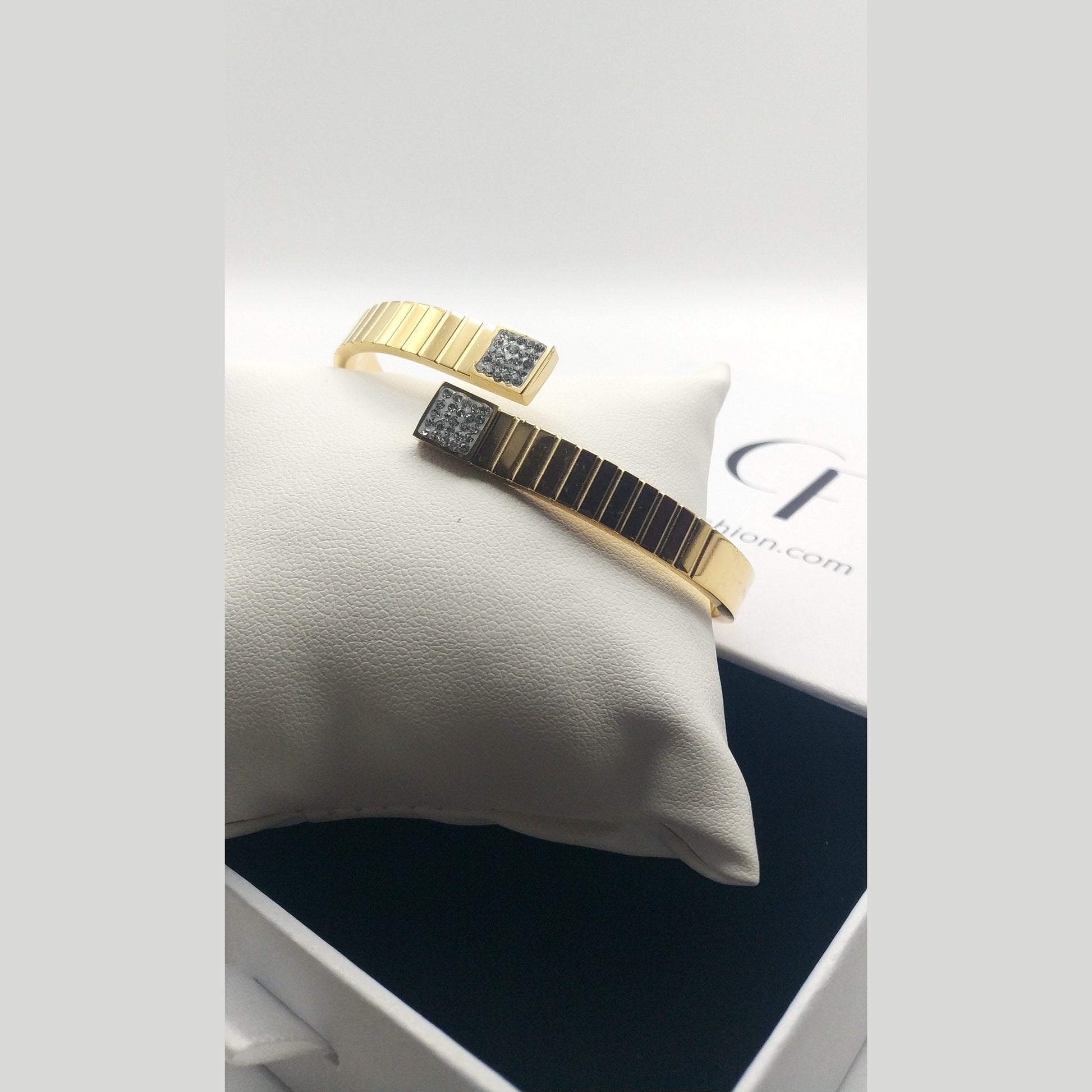 Stainless Steel Watch-Link Bracelet with Square Rhinestone Details