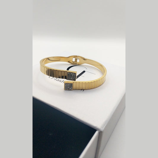 Stainless Steel Watch-Link Bracelet with Square Rhinestone Details