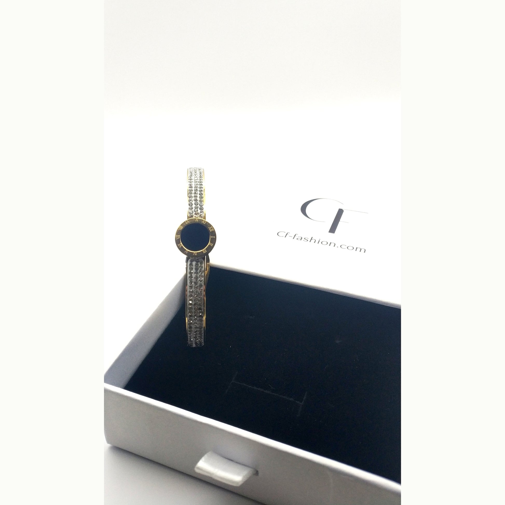 Bracelet Elegant Stainless Steel with Black Mother of Pearl, Roman Numerals & Rhinestones