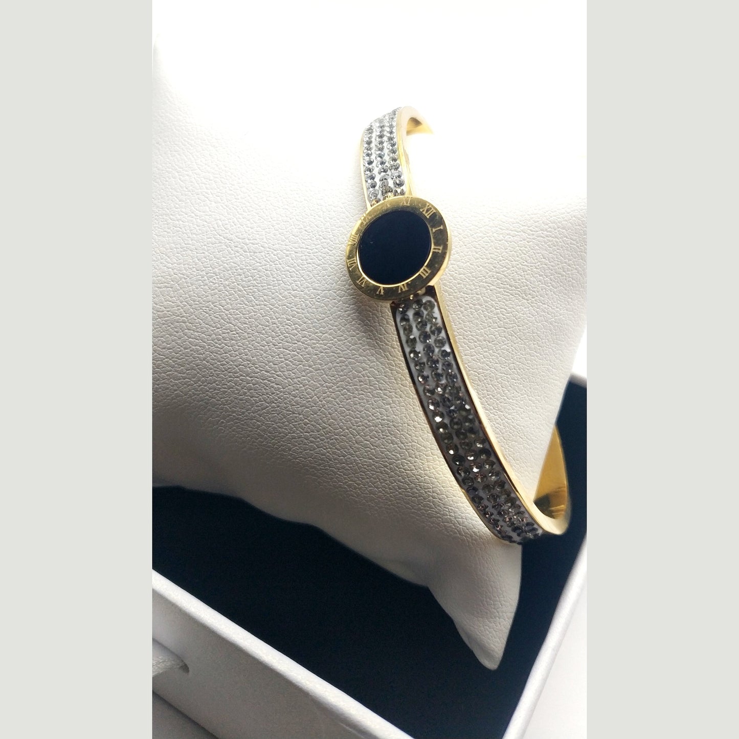 Bracelet Elegant Stainless Steel with Black Mother of Pearl, Roman Numerals & Rhinestones