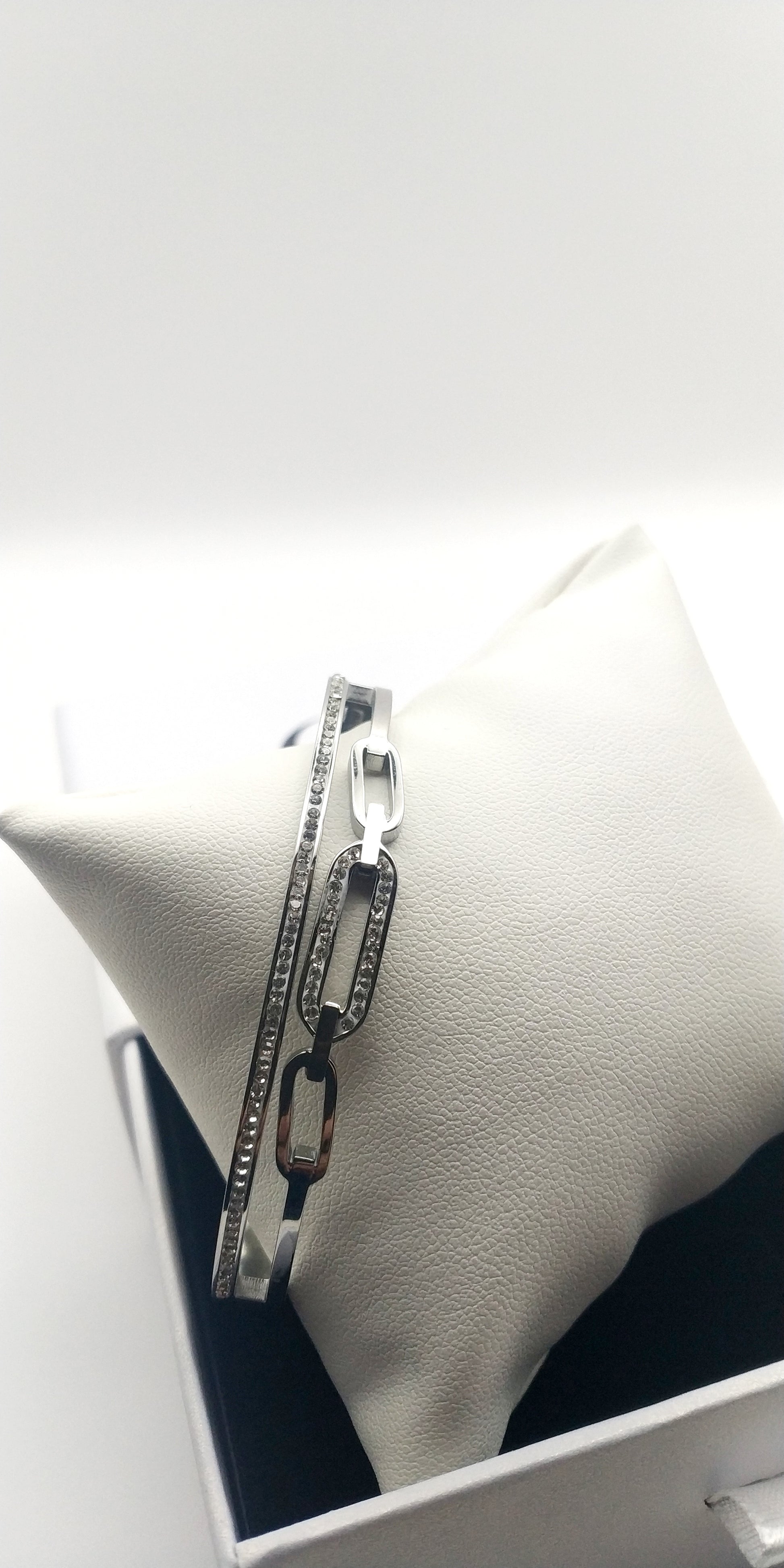 Stainless Steel Double Row Bracelet with Rhinestone Detailing