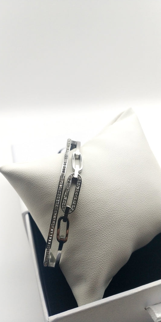 Stainless Steel Double Row Bracelet with Rhinestone Detailing