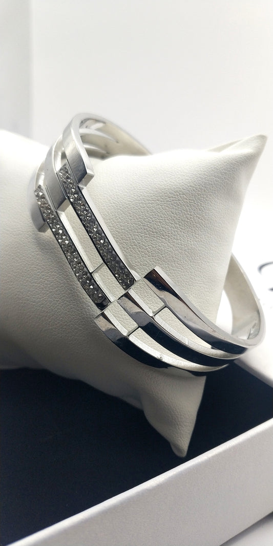 Wide Triple-Row Stainless Steel Bracelet with Central Geometric Rhinestone Connectors