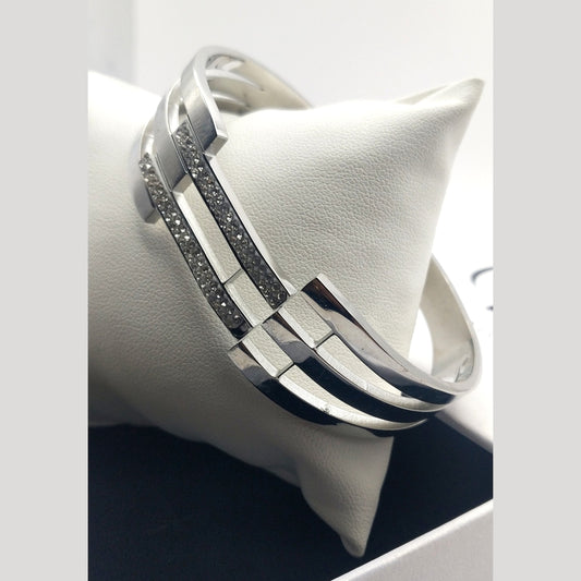 Wide Triple-Row Stainless Steel Bracelet with Central Geometric Rhinestone Connectors