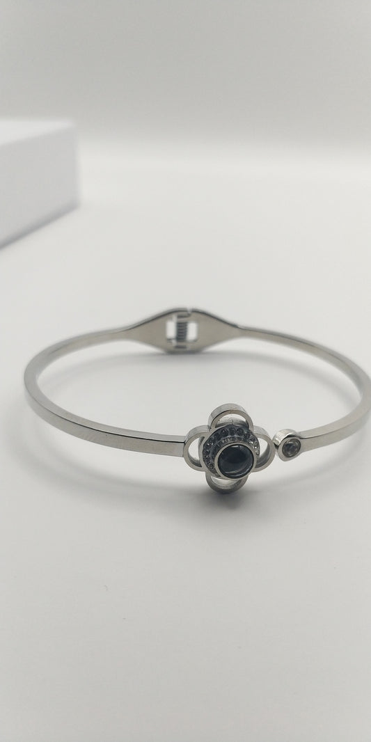 Stainless Steel Flower Bracelet with Solitaire Center Stone