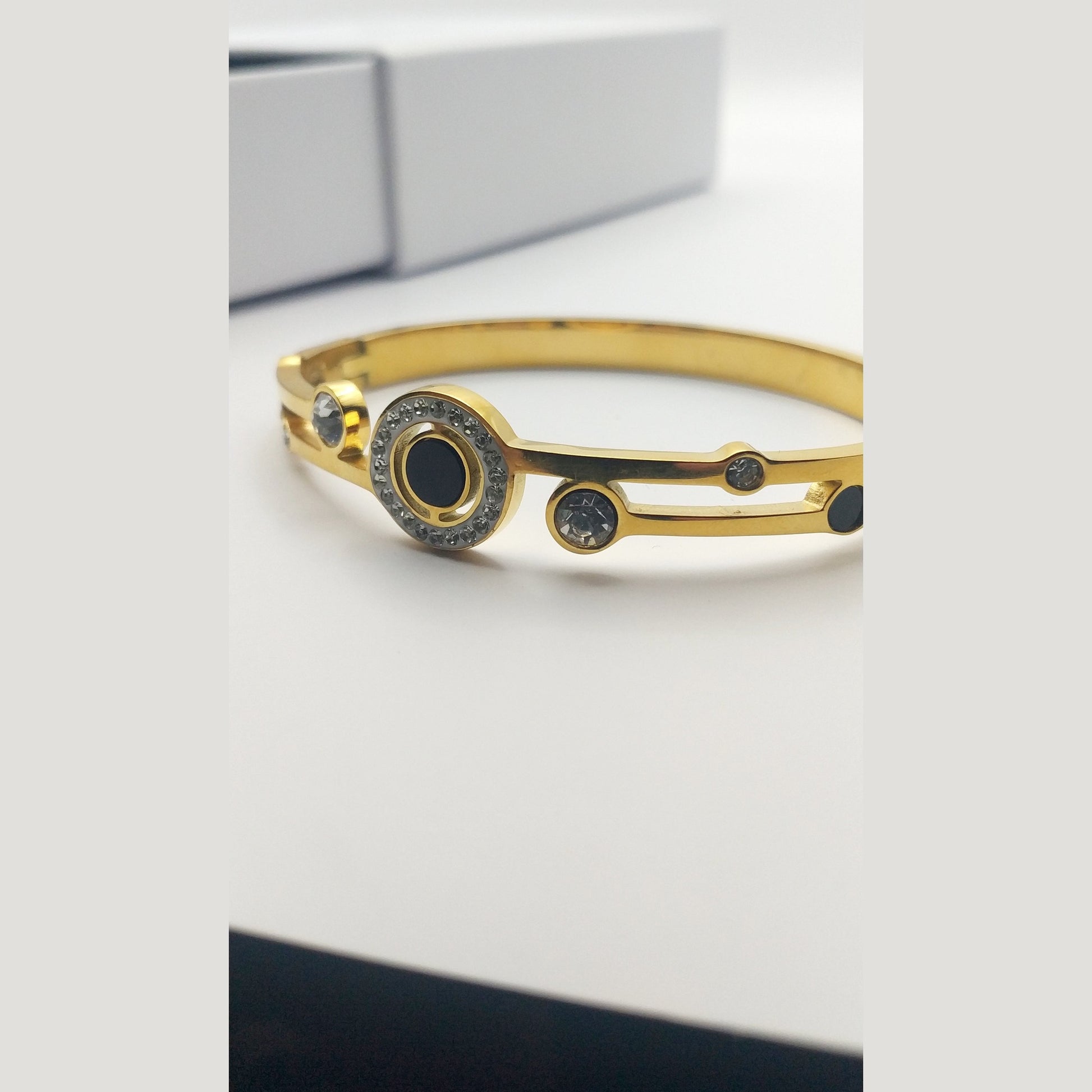 Stainless Steel Bracelet with Black Solitaire and White Crystal Accents