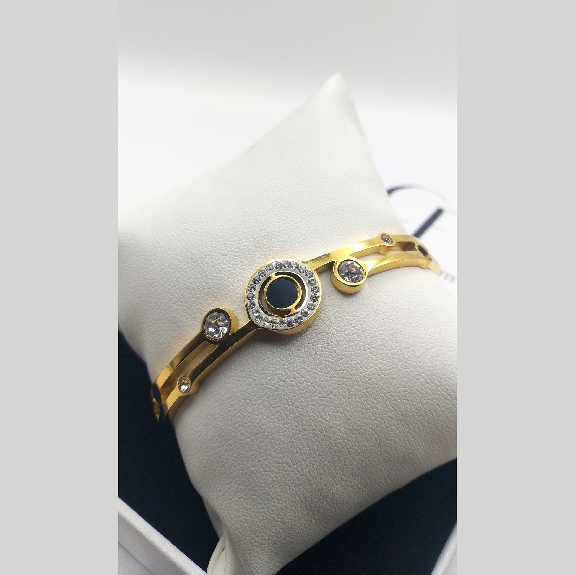 Stainless Steel Bracelet with Black Solitaire and White Crystal Accents