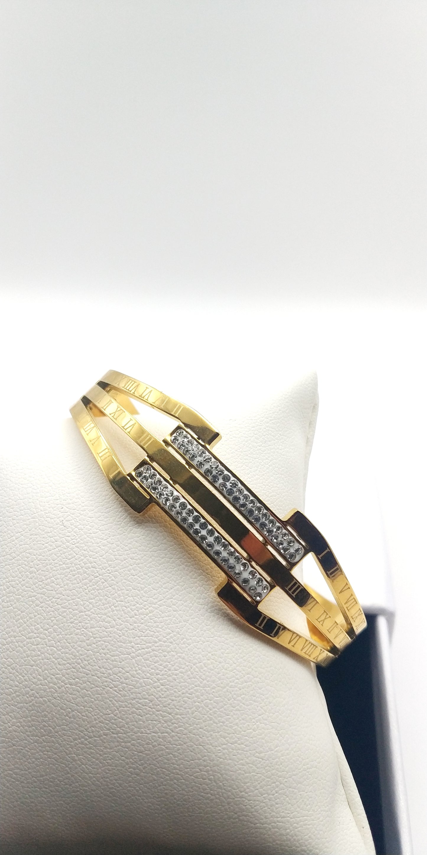 Stainless Steel Cuff Bracelet with Roman Numerals and Geometric Rhinestone Accents