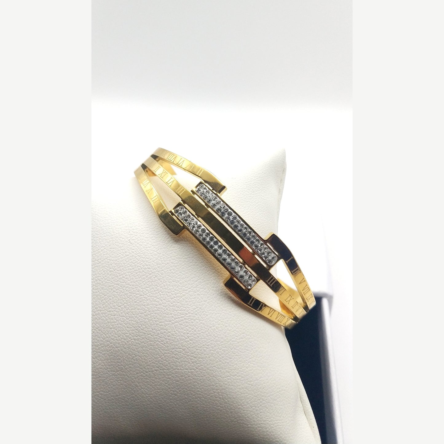 Stainless Steel Cuff Bracelet with Roman Numerals and Geometric Rhinestone Accents