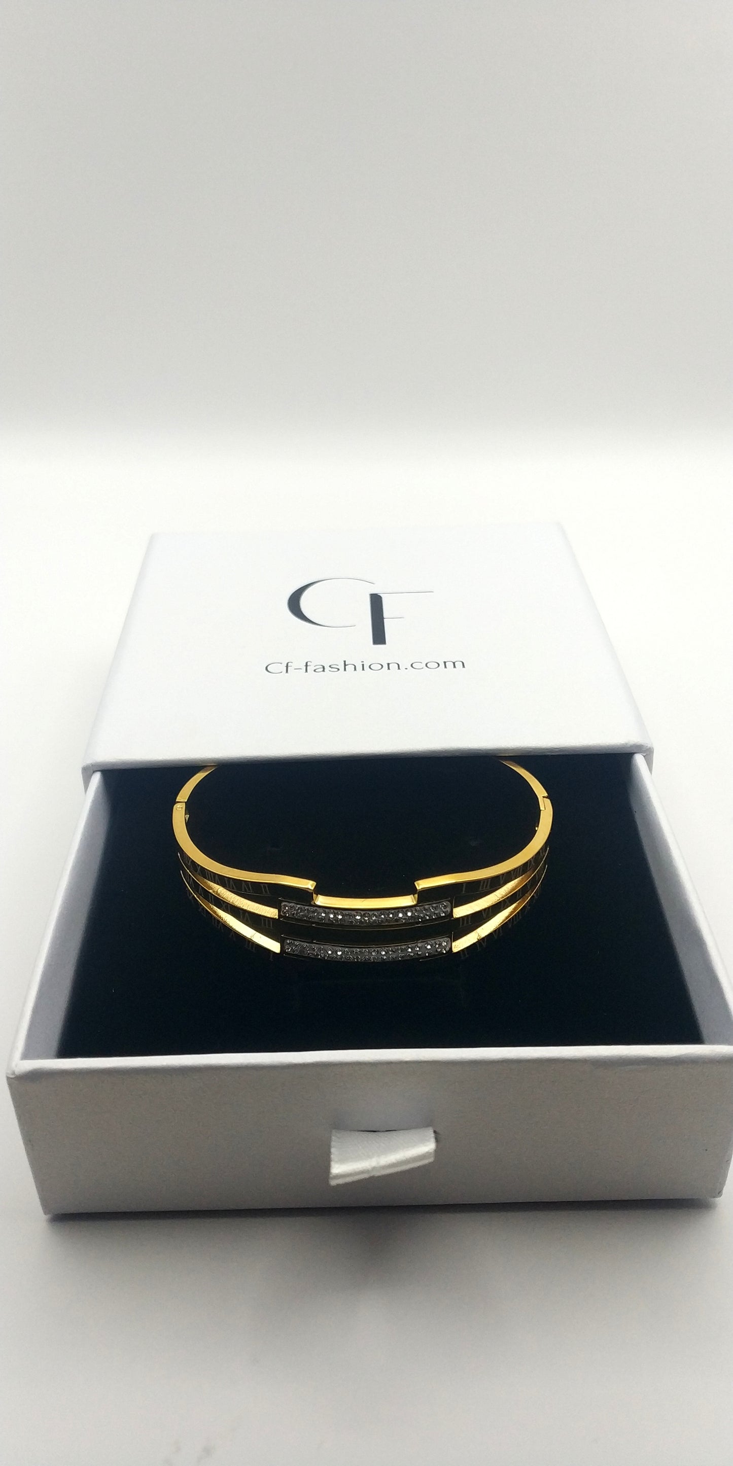 Stainless Steel Cuff Bracelet with Roman Numerals and Geometric Rhinestone Accents