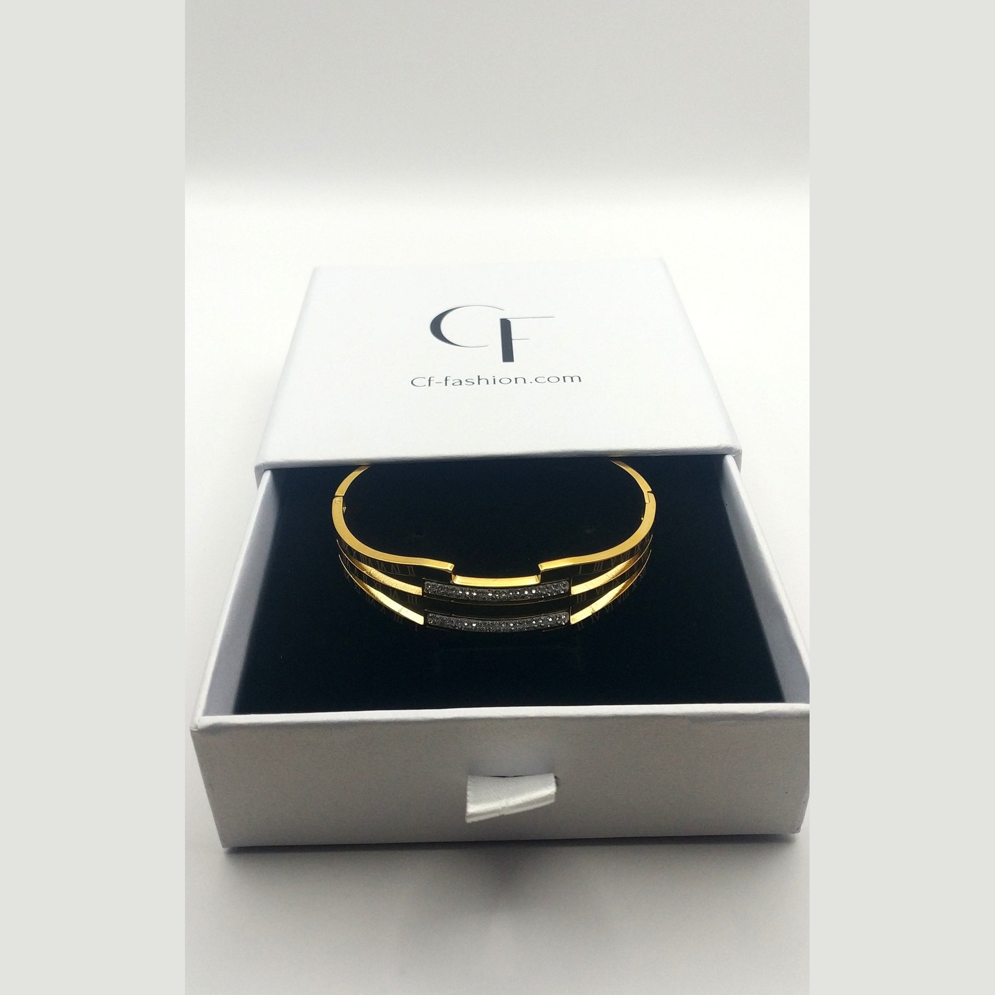 Stainless Steel Cuff Bracelet with Roman Numerals and Geometric Rhinestone Accents