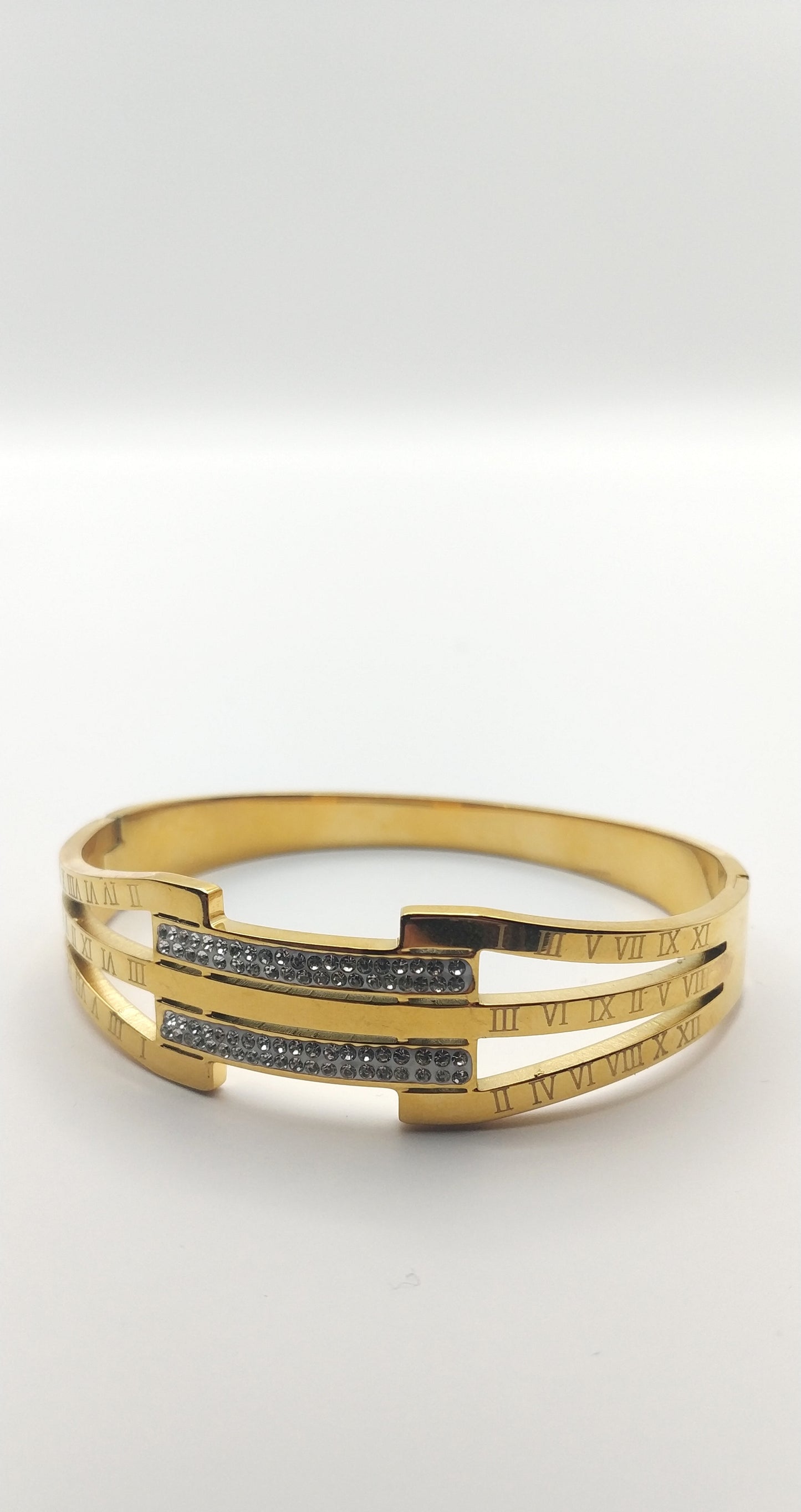 Stainless Steel Cuff Bracelet with Roman Numerals and Geometric Rhinestone Accents
