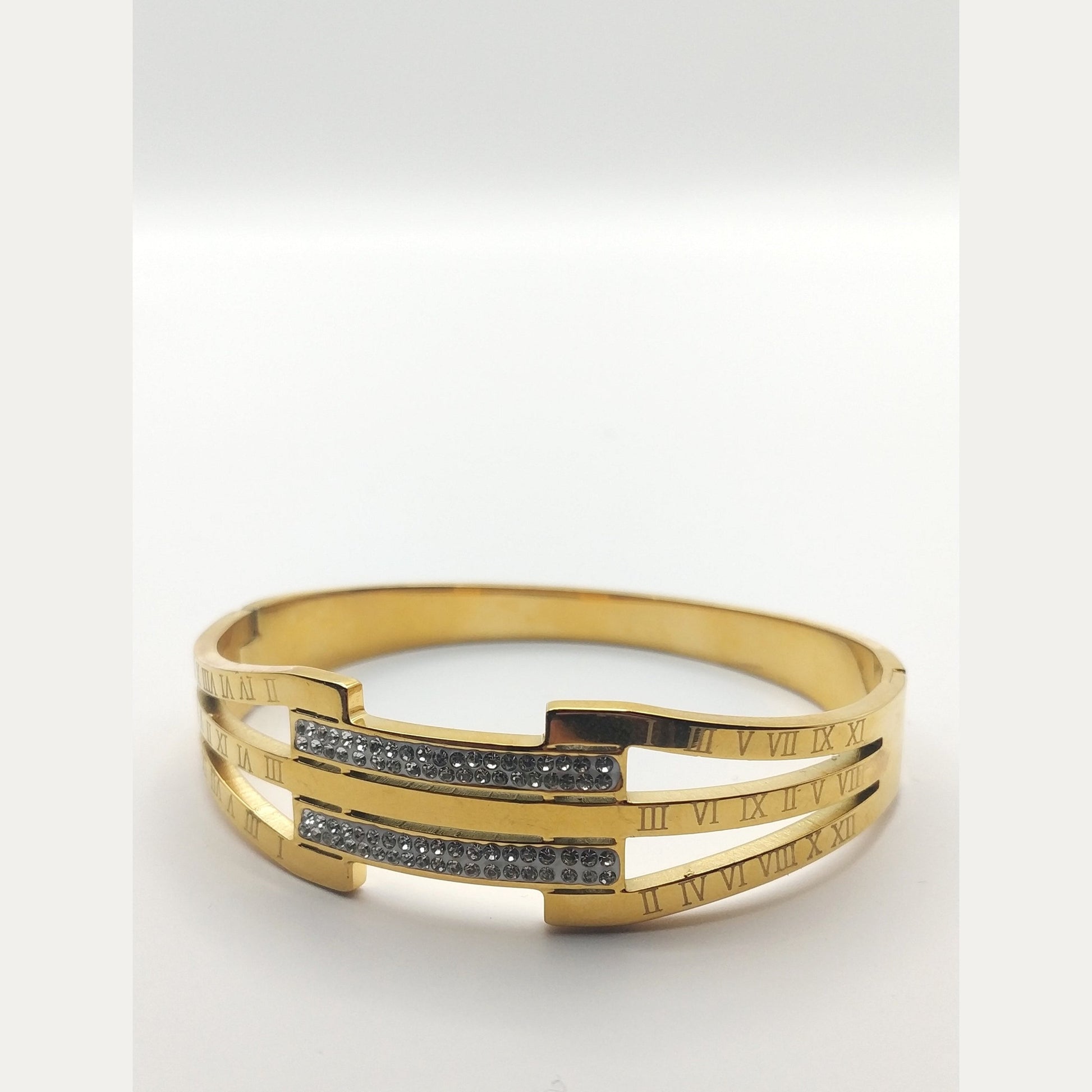 Stainless Steel Cuff Bracelet with Roman Numerals and Geometric Rhinestone Accents