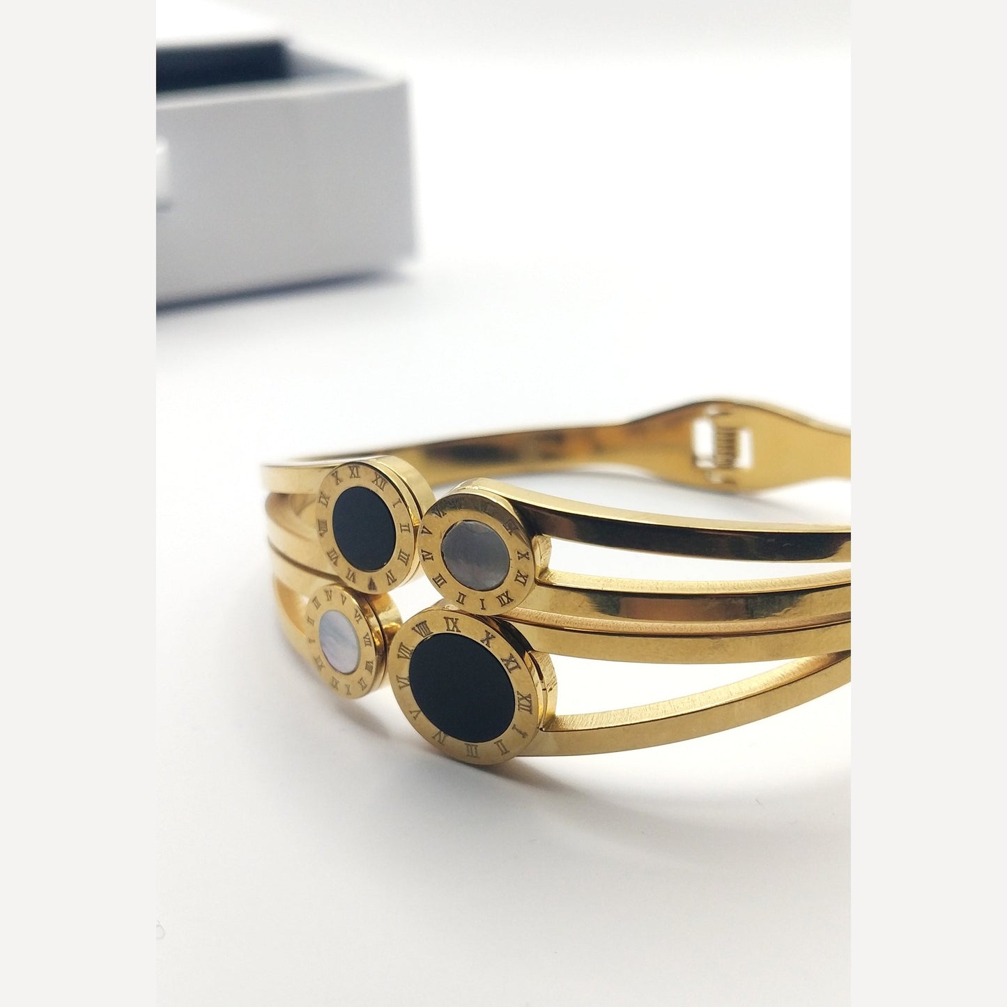 Wide Open Stainless Steel Cuff Bracelet with Mother of Pearl, Crystals & Roman Numerals