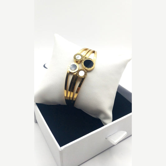 Wide Open Stainless Steel Cuff Bracelet with Mother of Pearl, Crystals & Roman Numerals