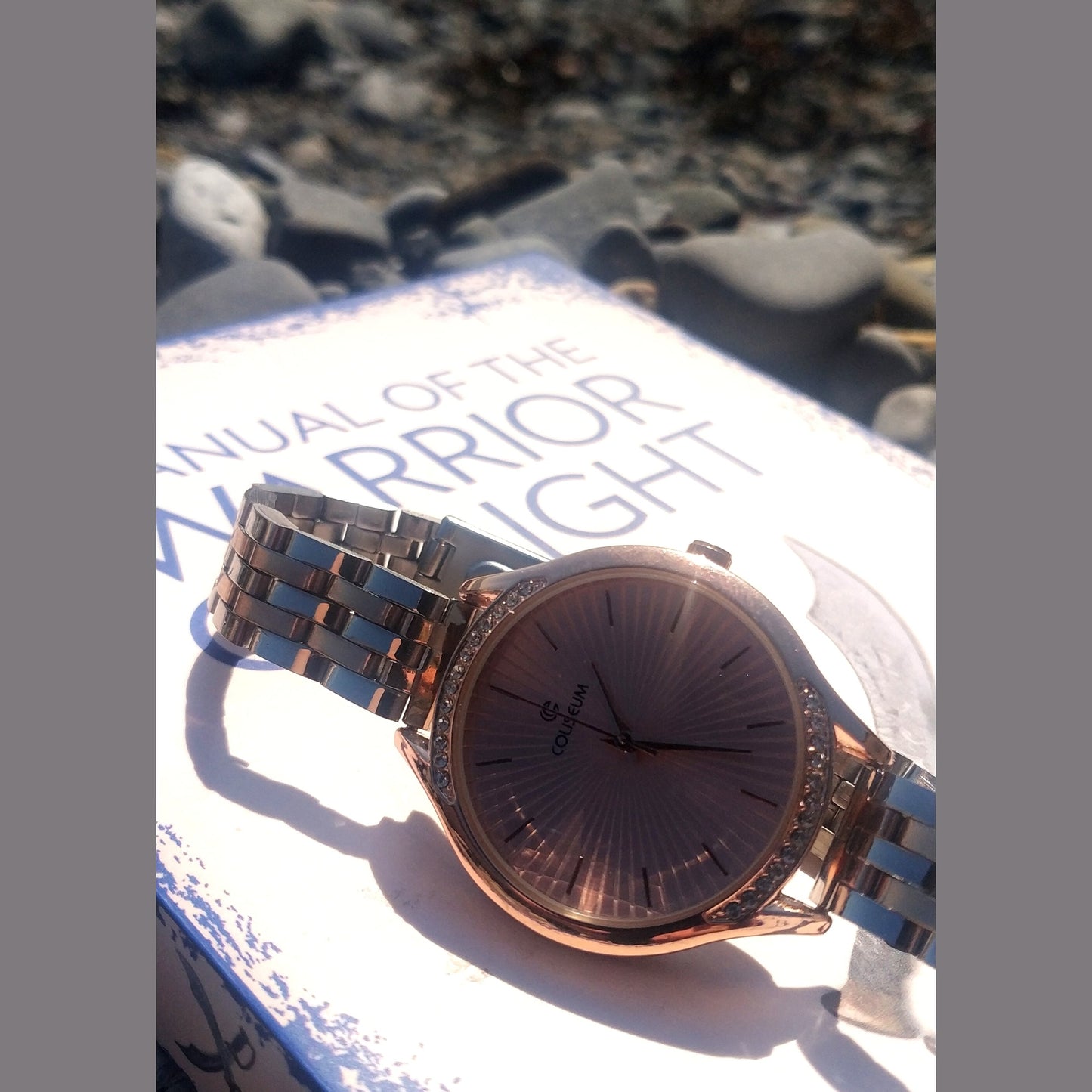Women’s two-tone stainless steel watch in silver and rose gold with white dial and crystal bezel