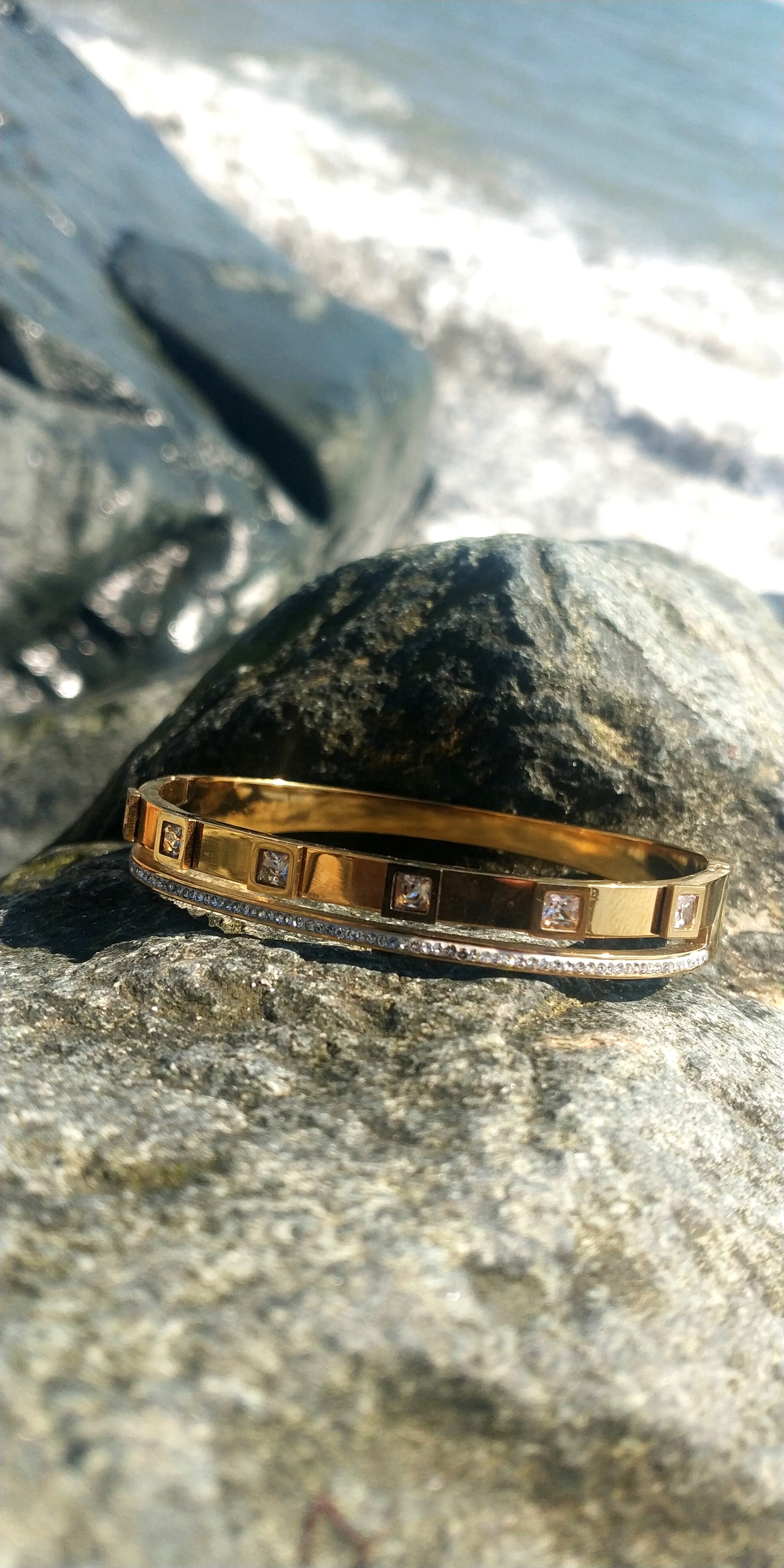 Double Stainless Steel Cuff Bracelet with Square Crystals and Rhinestones