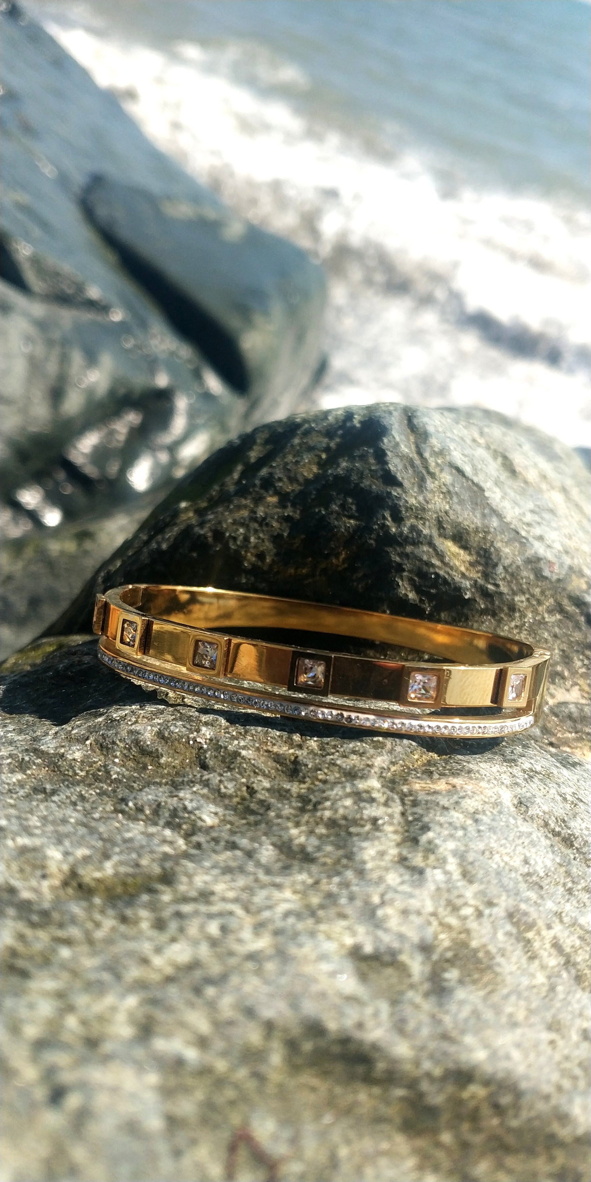 Double Stainless Steel Cuff Bracelet with Square Crystals and Rhinestones