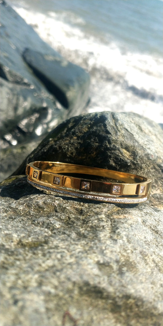 Double Stainless Steel Cuff Bracelet with Square Crystals and Rhinestones